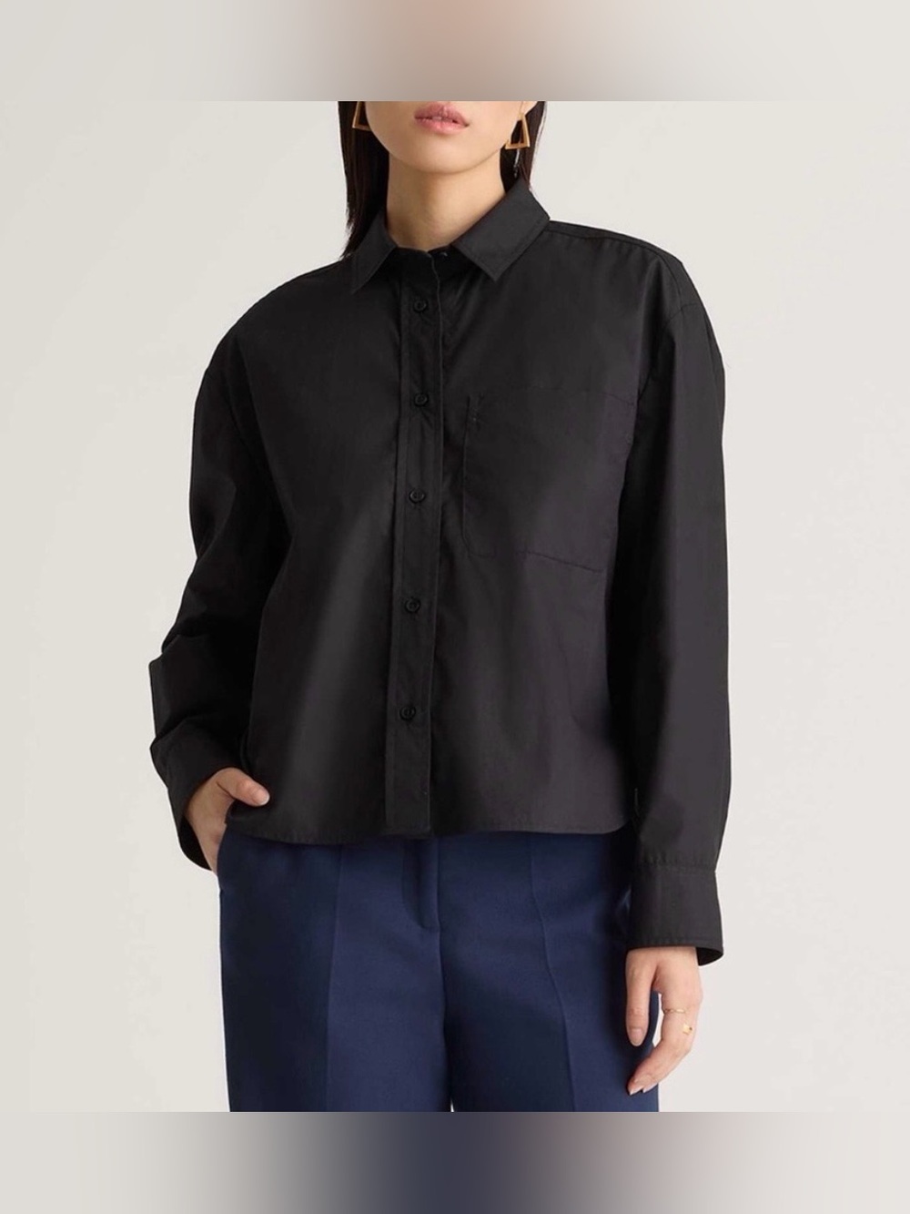 Quince 100% Organic Cotton Poplin Cropped Long Sleeve Shirt Women XS Black Boxy